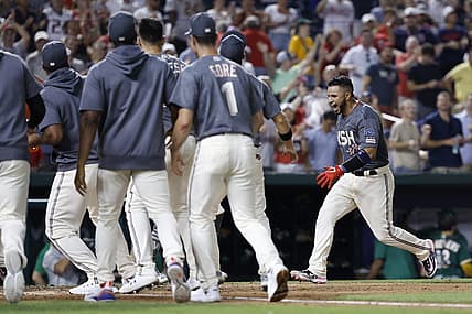 Aug 12, 2023; Washington, District of Columbia, USA; Washington Nationals catcher Keibert Ruiz (20) prepares to cross home plate after hitting a walk off home run against the Oakland Athletics during the ninth inning at Nationals Park. Mandatory Credit: Geoff Burke-USA TODAY Sports