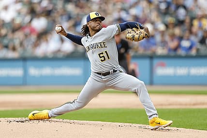Aug 13, 2023; Chicago, Illinois, USA; Milwaukee Brewers starting pitcher Freddy Peralta (51) delivers a pitch against the Chicago White Sox during the first inning at Guaranteed Rate Field. Mandatory Credit: Kamil Krzaczynski-USA TODAY Sports