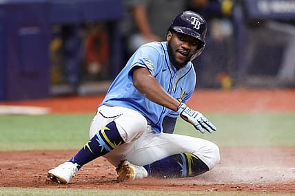 Aug 13, 2023; St. Petersburg, Florida, USA;  Tampa Bay Rays shortstop Oslevivis Basabe (37) scores a run against the Cleveland Guardians in the third inning at Tropicana Field. Mandatory Credit: Nathan Ray Seebeck-USA TODAY Sports