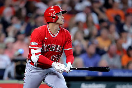Aug 13, 2023; Houston, Texas, USA; Los Angeles Angels designated hitter Shohei Ohtani (17) hits a home run to center field against the Houston Astros during the sixth inning at Minute Maid Park. Mandatory Credit: Erik Williams-USA TODAY Sports