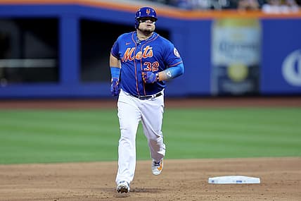 Aug 14, 2023; New York City, New York, USA; New York Mets designated hitter Daniel Vogelbach (32) rounds the bases after hitting a solo home run against the Pittsburgh Pirates during the second inning at Citi Field. Mandatory Credit: Brad Penner-USA TODAY Sports
