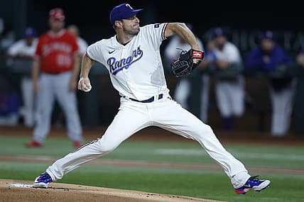 Aug 14, 2023; Arlington, Texas, USA; Texas Rangers starting pitcher Max Scherzer (31) throws a pitch in the first inning against the Los Angeles Angels at Globe Life Field. Mandatory Credit: Tim Heitman-USA TODAY Sports