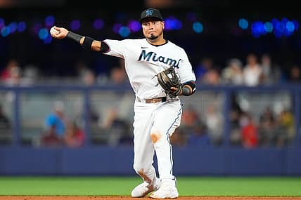 Aug 14, 2023; Miami, Florida, USA; Miami Marlins second baseman Luis Arraez (3) throws the ball to first base for an out against the Houston Astros during the fourth inning at loanDepot Park. Mandatory Credit: Rich Storry-USA TODAY Sports