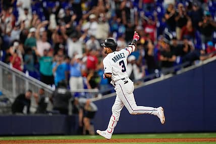 Aug 14, 2023; Miami, Florida, USA; Miami Marlins second baseman Luis Arraez (3) rounds the bases after hitting a home run against the Houston Astros during the eighth inning at loanDepot Park. Mandatory Credit: Rich Storry-USA TODAY Sports