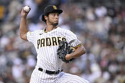 Aug 14, 2023; San Diego, California, USA; San Diego Padres starting pitcher Yu Darvish (11) throws a pitch against the Baltimore Orioles during the first inning at Petco Park. Mandatory Credit: Orlando Ramirez-USA TODAY Sports