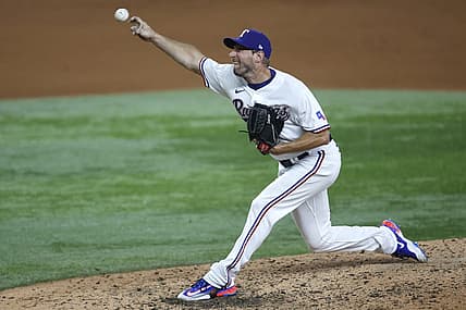 Aug 14, 2023; Arlington, Texas, USA; Texas Rangers starting pitcher Max Scherzer (31) pitches against the Los Angeles Angels in the fifth inning at Globe Life Field. Mandatory Credit: Tim Heitman-USA TODAY Sports
