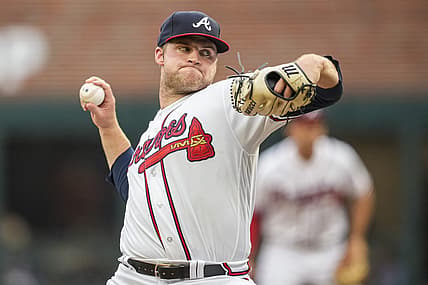 Aug 15, 2023; Cumberland, Georgia, USA; Atlanta Braves starting pitcher Bryce Elder (55) pitches against the New York Yankees during the first inning at Truist Park. Mandatory Credit: Dale Zanine-USA TODAY Sports