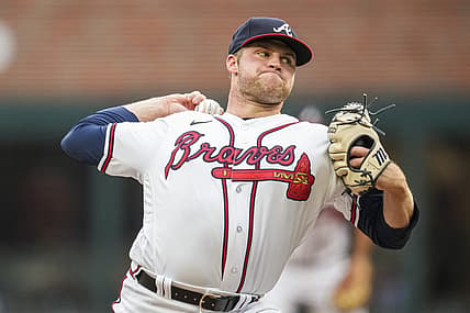 Aug 15, 2023; Cumberland, Georgia, USA; Atlanta Braves starting pitcher Bryce Elder (55) pitches against the New York Yankees during the first inning at Truist Park. Mandatory Credit: Dale Zanine-USA TODAY Sports