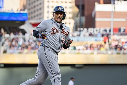 Aug 15, 2023; Minneapolis, Minnesota, USA; Detroit Tigers designated hitter Miguel Cabrera (24) celebrates after hitting a two-run home run during the second inning against the Minnesota Twins at Target Field. Mandatory Credit: Jordan Johnson-USA TODAY Sports