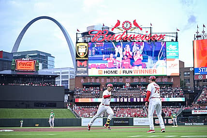 Aug 15, 2023; St. Louis, Missouri, USA;  St. Louis Cardinals third baseman Nolan Arenado (28) runs the bases after hitting a two run home run against the Oakland Athletics during the first inning at Busch Stadium. Mandatory Credit: Jeff Curry-USA TODAY Sports
