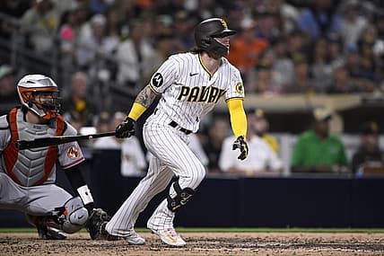 Aug 15, 2023; San Diego, California, USA; San Diego Padres right fielder Ben Gamel (16) hits a two-RBI double against the Baltimore Orioles during the fifth inning at Petco Park. Mandatory Credit: Orlando Ramirez-USA TODAY Sports