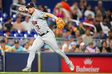 Aug 16, 2023; Miami, Florida, USA; Houston Astros third baseman Alex Bregman (2) throws the ball to first base for an out against the Miami Marlins during the seventh inning at loanDepot Park. Mandatory Credit: Rich Storry-USA TODAY Sports