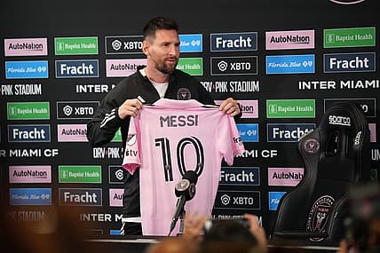 Aug 17, 2023; Ft. Lauderdale, FL, USA;  Lionel Messi of Inter Miami CF addresses the media at the DRV PNK Stadium Press Conference Room. Mandatory Credit: Jim Rassol-USA TODAY Sports