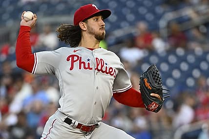 Aug 18, 2023; Washington, District of Columbia, USA; Philadelphia Phillies starting pitcher Michael Lorenzen (22) throws to the Washington Nationals during the second inning the at Nationals Park. Mandatory Credit: Brad Mills-USA TODAY Sports