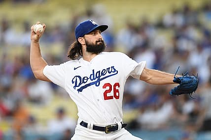 Aug 18, 2023; Los Angeles, California, USA; Los Angeles Dodgers starting pitcher Tony Gonsolin (26) throws a pitch against the Miami Marlins during the first inning at Dodger Stadium. Mandatory Credit: Jonathan Hui-USA TODAY Sports
