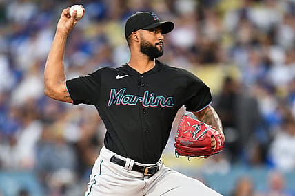Aug 18, 2023; Los Angeles, California, USA; Miami Marlins starting pitcher Sandy Alcantara (22) throws a pitch against the Los Angeles Dodgers during the first inning at Dodger Stadium. Mandatory Credit: Jonathan Hui-USA TODAY Sports