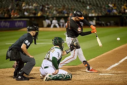 Aug 18, 2023; Oakland, California, USA; Baltimore Orioles designated hitter Ryan Mountcastle (6) bats against the Oakland Athletics during the eighth inning at Oakland-Alameda County Coliseum. Mandatory Credit: Robert Edwards-USA TODAY Sports