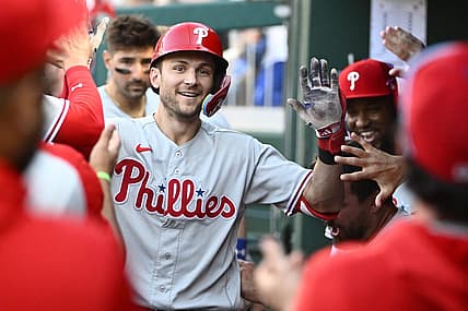Aug 19, 2023; Washington, District of Columbia, USA; Philadelphia Phillies shortstop Trea Turner (7) is congratulated by teammates after hitting his second home run of the eighth inning against the Washington Nationals at Nationals Park. Mandatory Credit: Brad Mills-USA TODAY Sports