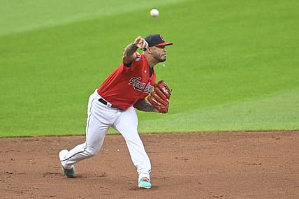 Aug 19, 2023; Cleveland, Ohio, USA; Cleveland Guardians shortstop Gabriel Arias (13) throws to first base in the second inning against the Detroit Tigers at Progressive Field. Mandatory Credit: David Richard-USA TODAY Sports