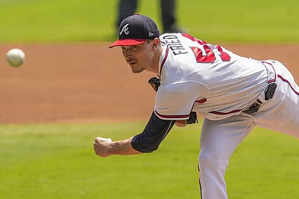 Aug 20, 2023; Cumberland, Georgia, USA; Atlanta Braves starting pitcher Max Fried (54) pitches against the San Francisco Giants during the first inning at Truist Park. Mandatory Credit: Dale Zanine-USA TODAY Sports