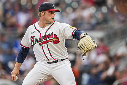 Aug 22, 2023; Cumberland, Georgia, USA; Atlanta Braves starting pitcher Bryce Elder (55) pitches against the New York Mets during the first inning at Truist Park. Mandatory Credit: Dale Zanine-USA TODAY Sports