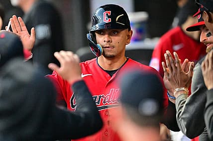 Aug 22, 2023; Cleveland, Ohio, USA; Cleveland Guardians second baseman Andres Gimenez (0) celebrates after scoring during the fourth inning against the Los Angeles Dodgers at Progressive Field. Mandatory Credit: Ken Blaze-USA TODAY Sports