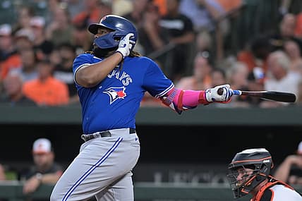 Aug 22, 2023; Baltimore, Maryland, USA;  Toronto Blue Jays first baseman Vladimir Guerrero Jr. (27) singles to center field during the third inning against the Baltimore Orioles at Oriole Park at Camden Yards. Mandatory Credit: Tommy Gilligan-USA TODAY Sports