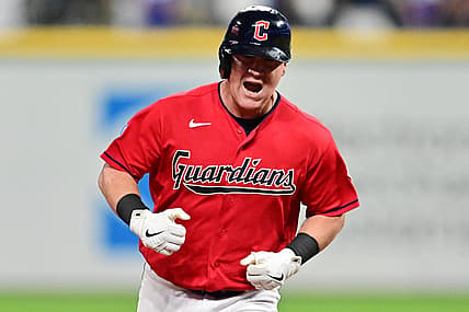 Aug 22, 2023; Cleveland, Ohio, USA; Cleveland Guardians first baseman Kole Calhoun (56) rounds the bases after hitting a home run during the seventh inning against the Los Angeles Dodgers at Progressive Field. Mandatory Credit: Ken Blaze-USA TODAY Sports