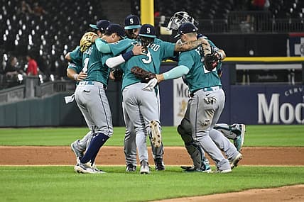 Aug 22, 2023; Chicago, Illinois, USA; The Seattle Mariners celebrate after the team   s game against the Chicago White Sox at Guaranteed Rate Field. Mandatory Credit: Matt Marton-USA TODAY Sports
