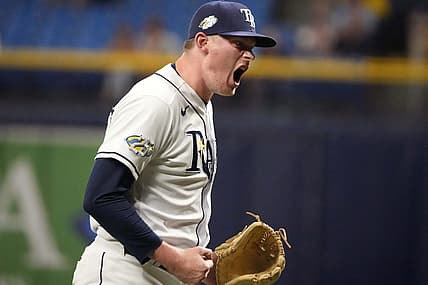Aug 23, 2023; St. Petersburg, Florida, USA; Tampa Bay Rays relief pitcher Pete Fairbanks (29) celebrates after ending the tenth inning with a strikeout against the Colorado Rockies at Tropicana Field. Mandatory Credit: Dave Nelson-USA TODAY Sports