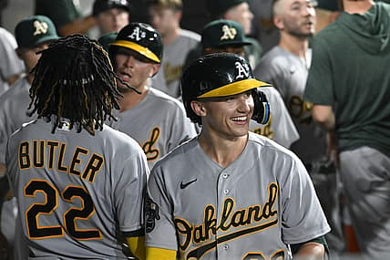 Aug 24, 2023; Chicago, Illinois, USA;  Oakland Athletics second baseman Zack Gelof (20) celebrates in the dugout after he hits a two run home run against the Chicago White Sox during the seventh inning at Guaranteed Rate Field. Mandatory Credit: Matt Marton-USA TODAY Sports