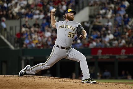 Aug 18, 2023; Arlington, Texas, USA; Milwaukee Brewers starting pitcher Brandon Woodruff (53) in action during the game between the Texas Rangers and the Milwaukee Brewers at Globe Life Field. Mandatory Credit: Jerome Miron-USA TODAY Sports