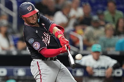 Aug 25, 2023; Miami, Florida, USA; Washington Nationals third baseman Carter Kieboom (8) hits a two-run home run against the Miami Marlins in the sixth inning at loanDepot Park. Mandatory Credit: Jim Rassol-USA TODAY Sports