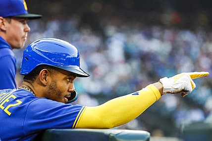 Aug 25, 2023; Seattle, Washington, USA; Seattle Mariners center fielder Julio Rodriguez (44) celebrates in the dugout after scoring a run against the Kansas City Royals during the first inning at T-Mobile Park. Mandatory Credit: Joe Nicholson-USA TODAY Sports