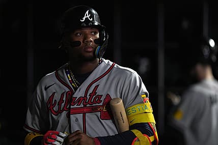 Aug 25, 2023; San Francisco, California, USA; Atlanta Braves right fielder Ronald Acuna Jr. (13) stands in the dugout during the fifth inning against the San Francisco Giants at Oracle Park. Mandatory Credit: Darren Yamashita-USA TODAY Sports