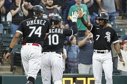 Aug 26, 2023; Chicago, Illinois, USA; Chicago White Sox third baseman Yoan Moncada (10) celebrates with shortstop Tim Anderson (7) after hitting a three-run home run against the Oakland Athletics during the third inning at Guaranteed Rate Field. Mandatory Credit: Kamil Krzaczynski-USA TODAY Sports