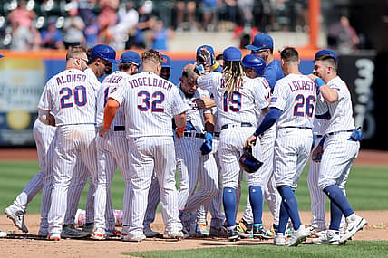 Aug 27, 2023; New York City, New York, USA; New York Mets left fielder Rafael Ortega (30) celebrates his walkoff single against the Los Angeles Angels during the ninth inning at Citi Field. Mandatory Credit: Brad Penner-USA TODAY Sports