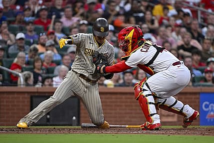 Aug 29, 2023; St. Louis, Missouri, USA;  St. Louis Cardinals catcher Willson Contreras (40) tags out San Diego Padres left fielder Juan Soto (22) during the third inning at Busch Stadium. Mandatory Credit: Jeff Curry-USA TODAY Sports