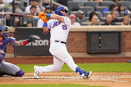 Aug 30, 2023; New York City, New York, USA;  New York Mets right fielder DJ Steward (29) hits a home run against the Texas Rangers during the second inning at Citi Field. Mandatory Credit: Gregory Fisher-USA TODAY Sports