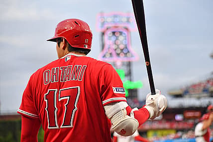 Aug 28, 2023; Philadelphia, Pennsylvania, USA; Los Angeles Angels designated hitter Shohei Ohtani (17) on deck against the Philadelphia Phillies at Citizens Bank Park. Mandatory Credit: Eric Hartline-USA TODAY Sports