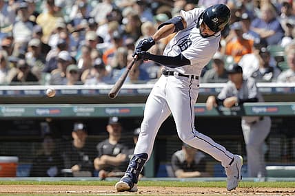 Aug 31, 2023; Detroit, Michigan, USA; Detroit Tigers center fielder Riley Greene (31) hits a single in the first inning against the New York Yankees at Comerica Park. Mandatory Credit: Rick Osentoski-USA TODAY Sports