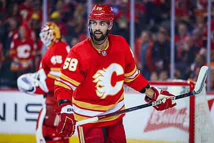 May 20, 2022; Calgary, Alberta, CAN; Calgary Flames defenseman Oliver Kylington (58) skates against the Edmonton Oilers during the second period in game two of the second round of the 2022 Stanley Cup Playoffs at Scotiabank Saddledome. Mandatory Credit: Sergei Belski-USA TODAY Sports
