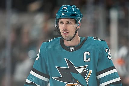 Mar 11, 2023; San Jose, California, USA; San Jose Sharks center Logan Couture (39) during the second period against the Minnesota Wild at SAP Center at San Jose. Mandatory Credit: Darren Yamashita-USA TODAY Sports