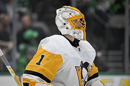 Mar 23, 2023; Dallas, Texas, USA; Pittsburgh Penguins goaltender Casey DeSmith (1) during the game between the Dallas Stars and the Pittsburgh Penguins at American Airlines Center. Mandatory Credit: Jerome Miron-USA TODAY Sports