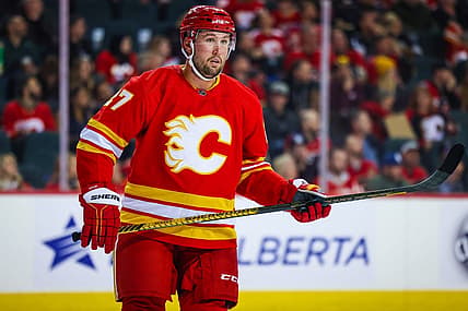 Mar 28, 2023; Calgary, Alberta, CAN; Calgary Flames left wing Nick Ritchie (27) against the Los Angeles Kings during the first period at Scotiabank Saddledome. Mandatory Credit: Sergei Belski-USA TODAY Sports