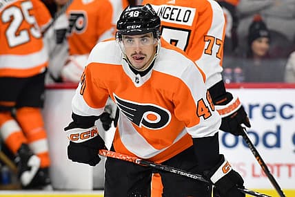 Mar 28, 2023; Philadelphia, Pennsylvania, USA; Philadelphia Flyers center Morgan Frost (48) against the Montreal Canadiens at Wells Fargo Center. Mandatory Credit: Eric Hartline-USA TODAY Sports