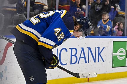 Apr 6, 2023; St. Louis, Missouri, USA;  St. Louis Blues right wing Kasperi Kapanen (42) reacts after scoring the game winning goal in overtime against the New York Rangers at Enterprise Center. Mandatory Credit: Jeff Curry-USA TODAY Sports