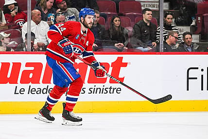 Apr 4, 2023; Montreal, Quebec, CAN; Montreal Canadiens defenseman Joel Edmundson (44) against the Detroit Red Wings during the first period at Bell Centre. Mandatory Credit: David Kirouac-USA TODAY Sports