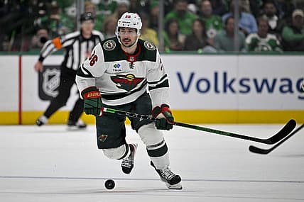 Apr 25, 2023; Dallas, Texas, USA; Minnesota Wild right wing Mats Zuccarello (36) in action during the game between the Dallas Stars and the Minnesota Wild in game five of the first round of the 2023 Stanley Cup Playoffs at American Airlines Center. Mandatory Credit: Jerome Miron-USA TODAY Sports