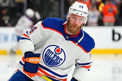 May 3, 2023; Las Vegas, Nevada, USA; Edmonton Oilers defenseman Mattias Ekholm (14) warms up before the start of game one of the second round of the 2023 Stanley Cup Playoffs against the Vegas Golden Knights at T-Mobile Arena. Mandatory Credit: Stephen R. Sylvanie-USA TODAY Sports